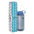 size comparison view of a blue and silver accordion style, closed-cell foam, indestructible, design used as a comfortable camping seat, comparing the product to a water-bottle