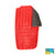 slightly open front view of a red shell lightweight down multiple person sleeping bag quilt with a black interior