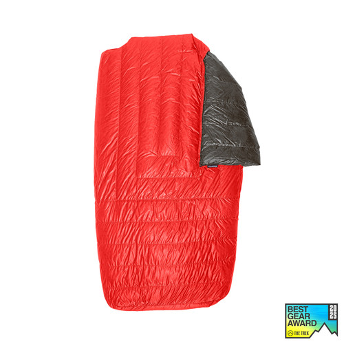 slightly open front view of a red shell lightweight down multiple person sleeping bag quilt with a black interior