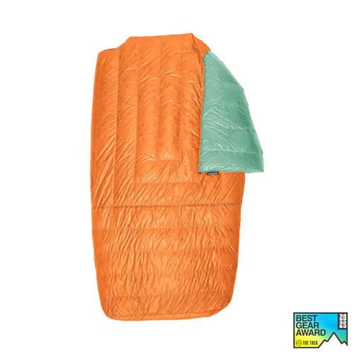 slightly open front view of orange shell lightweight multiple person sleeping bag quilt with a robins egg blue interior