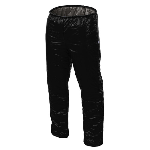 front view of a pair of  mens black lightweight, packable, all weather performance synthetic insulation pants with charcoal liner