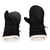 front and back view of an black shell all weather performance, washable, packable, lightweight, mittens with white liner