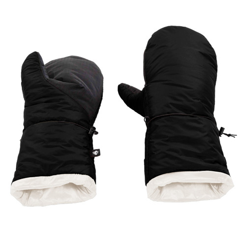 front and back view of an black shell all weather performance, washable, packable, lightweight, mittens with white liner