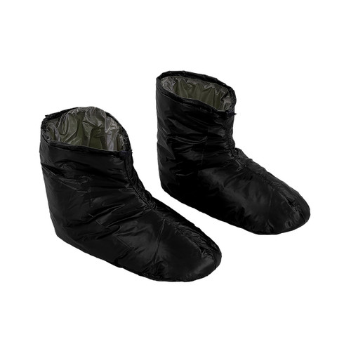 front side view of adjustable black shell lightweight, comfortably warm, synthetic insulated, moisture controlled sock shoe boot with a charcoal grey interior