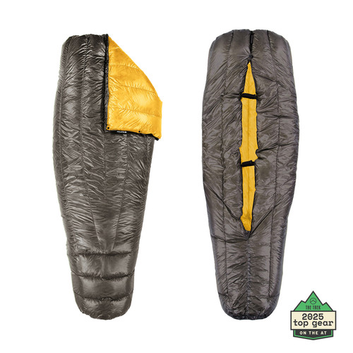 slightly open view of the front and backside of a charcoal shell lightweight down sleeping bag quilt with a yellow interior and with the Appalachian Trail thru hiker best gear of 2026 badge