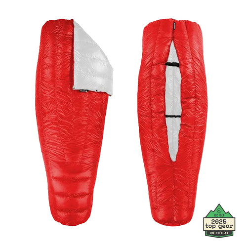 slightly opened up front and back view of a red shell lightweight down sleeping bag quilt with a white blaze interior and with the Appalachian Trail thru hiker best gear of 2026 badge