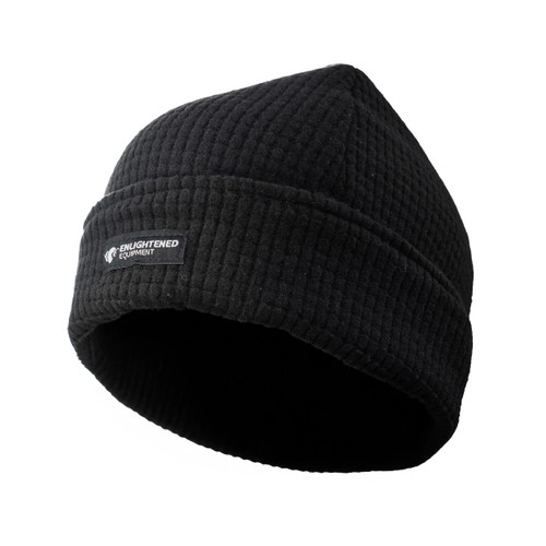 a close-up picture of a black fleece hat with the enlightened equipment logo on the front.