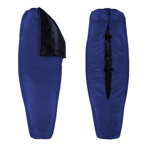 slightly opened front and back view of a navy shell lightweight synthetic sleeping bag quilt with a black interior