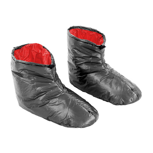 front side view of an adjustable graphite shell lightweight, comfortably warm, synthetic insulated, moisture controlled sock shoe boot with a red interior