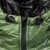 close view of a warm, insulated, shock cord hood adjustments, from a women's forest shell lightweight, warm, wind protection, and, moisture resistant, insulated, jacket with charcoal liner