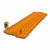 side front view of a layed out sleeping pad and a packed away sleeping pad  from a orange lightweight, comfortable, cost effective, packable,  sleeping pad made from light fabrics and polyester