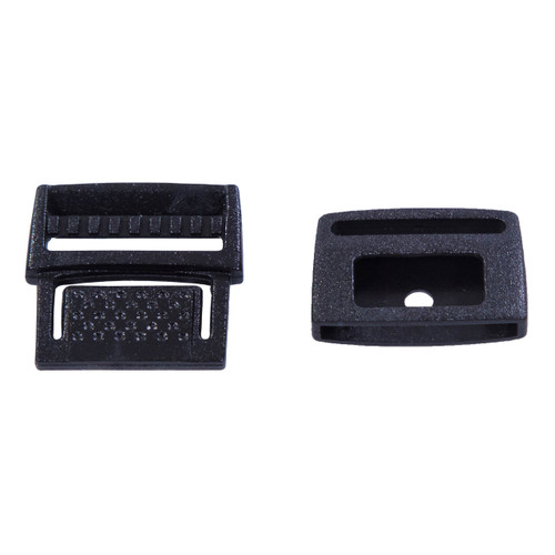 front view of the black colored male and female pieces from the Plastic buckles