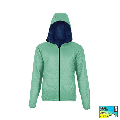 Front view of a men's robins egg blue shell lightweight, warm, wind protection, and, moisture resistant, insulated, jacket with navy liner