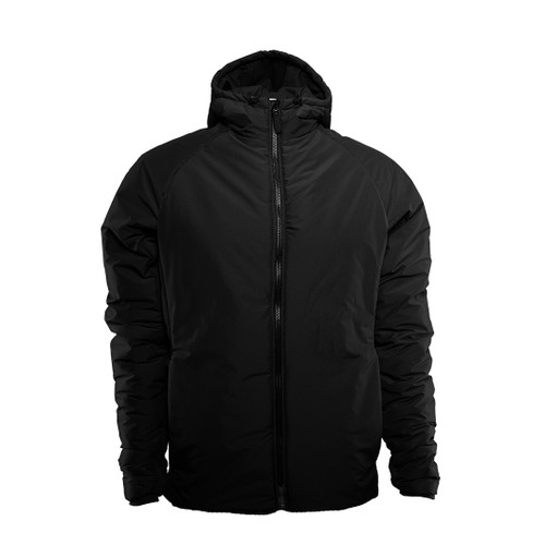 front view of men's outcast black/black outcast jacket with hood
