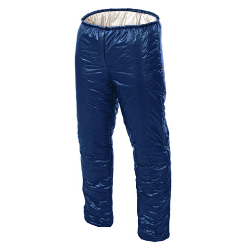 front view of the womens midnight blue lightweight, packable, all weather performance synthetic insulation pants with a white inner liner.