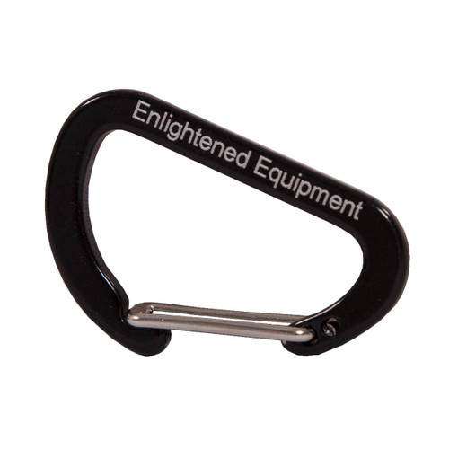 front view of a branded black carabiner clip used for ham-mocking/camping or daily tasks