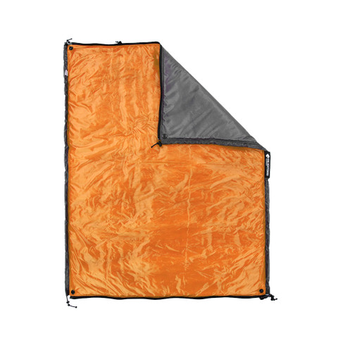 an orange and charcoal minion that is open flat with one corner of it folded in.
