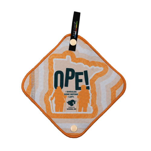 the orange, cream, and white colored kula cloth that has a minnesota famous phrase "Ope"