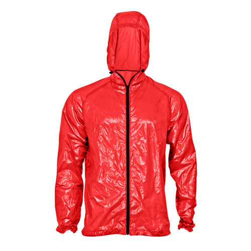 front view of red wind shirt made for backpacking