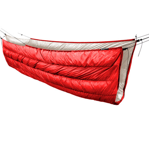 side view of a red shell lightweight down under-quilt for hammock with a white interior