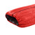 a close up, top view of a red shell lightweight down sleeping bag quilt with a charcoal gray interior