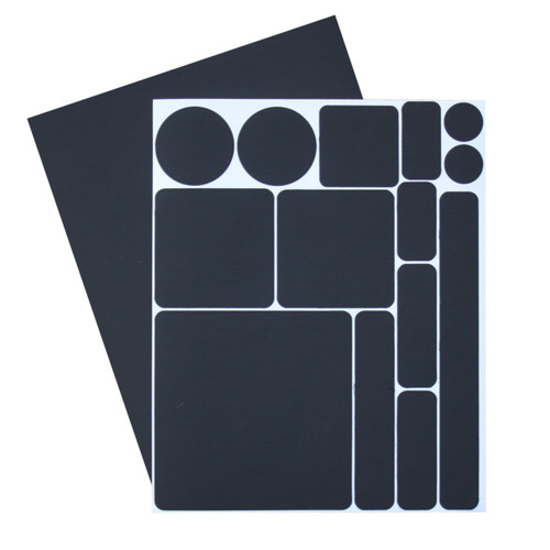 front view of 2 sheets of black adhesive patches used for repairing your gear permanently