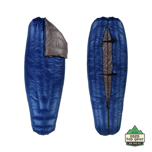 slightly open view of a navy blue shell lightweight down sleeping bag quilt with a charcoal gray interior with an Appalachian Trail Thru-hiker best gear badge