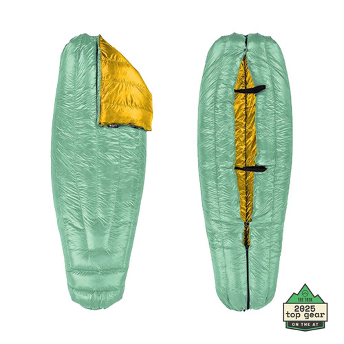 slightly open view of a robins egg blue shell lightweight down sleeping bag quilt with a yellow interior with the Appalachian Trail thru hiker best gear of 2026 badge