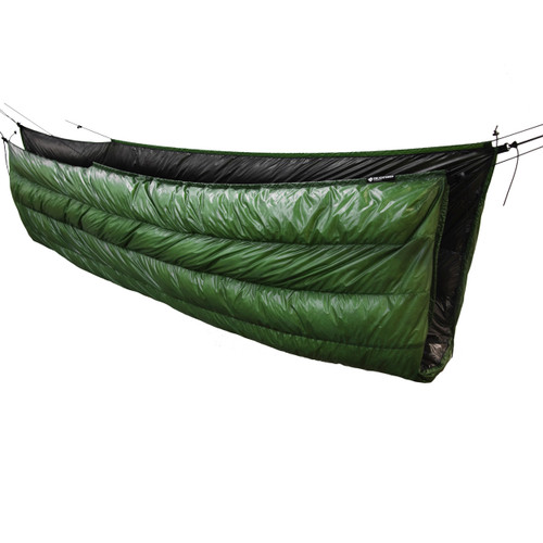 Side view of a forest green shell lightweight down under-quilt for hammock with a black interior