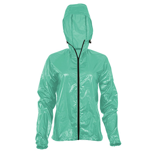 front view of a women's robin egg blue lightweight, packable, wind manageable,  warm temperature shirt jacket