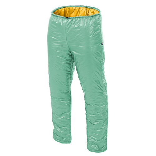 front view of the mens robins egg blue lightweight, packable, all weather performance synthetic insulation pants with a yellow liner.