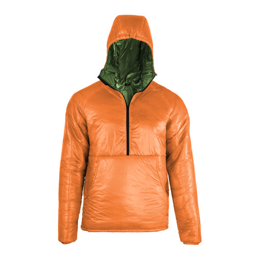 front view a mens salmon orange shell, lightweight, synthetic insulated, warm temperature, durable, hooded pullover zip up jacket with a forest green liner