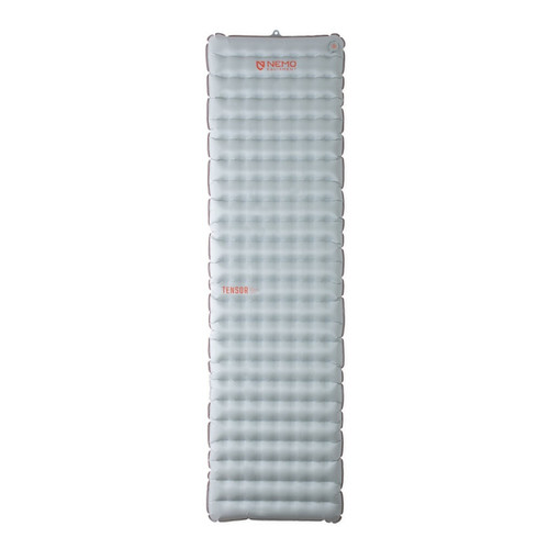 front view of a grey quiet, supportive, comfortable, lightweight, packable, stable, protecting sleeping bag made with lightweight materials and nylon fabrics