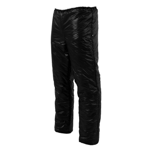 front view of a pair of women's black lightweight, packable, all weather performance synthetic insulation pants with charcoal liner