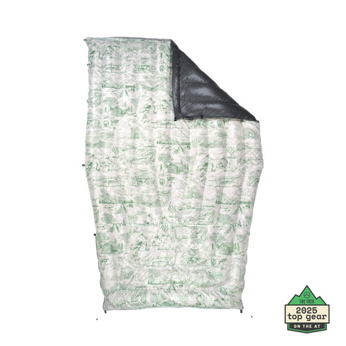 Open flat lay with flap revelation sleeping quilt with a print created by jolly gear with the Appalachian Trail thru hiker best gear badge of 2026