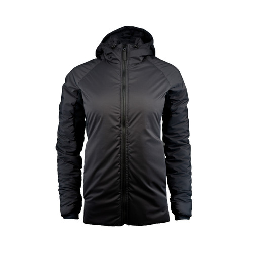front view of women's outcast black/black outcast jacket with hood