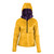 front view of a women's yellow shell, lightweight, synthetic insulated, warm temperature, durable, pullover zip up jacket with a purple liner