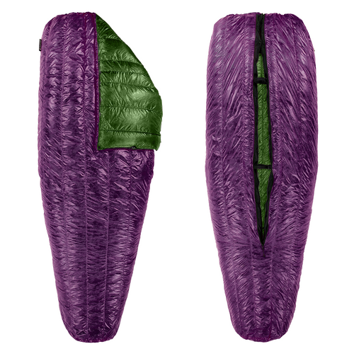 slightly open front and back view of a purple shell lightweight down sleeping bag quilt with a forest interior