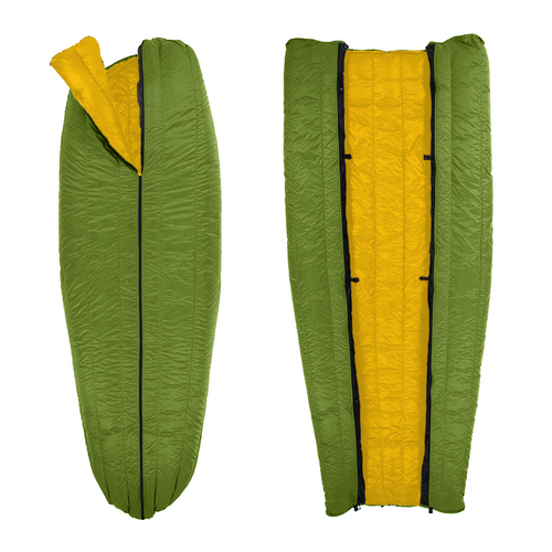 slightly open front and back view of an a fern shell lightweight down sleeping bag quilt with a yellow interior