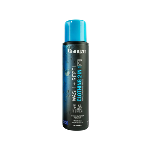 front view of a blue branded grangers clothing, down wash, or repel formula which maintains, cleans, and reproofs your gear in a quick amount of time for your next outdoor use